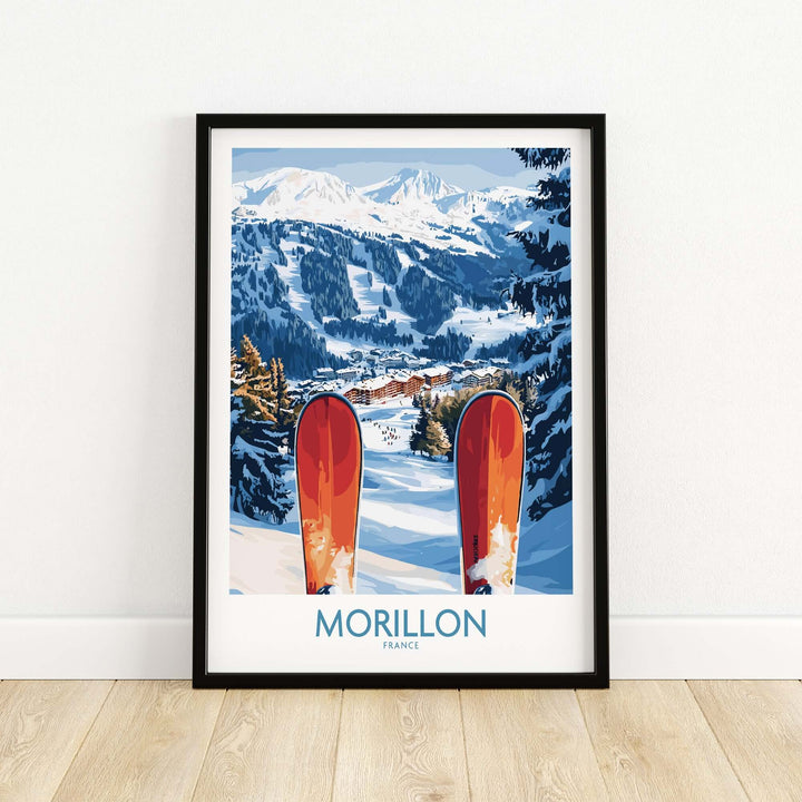 Ski poster of Morillon, France, showcasing snowy slopes and ski equipment in a picturesque winter landscape.