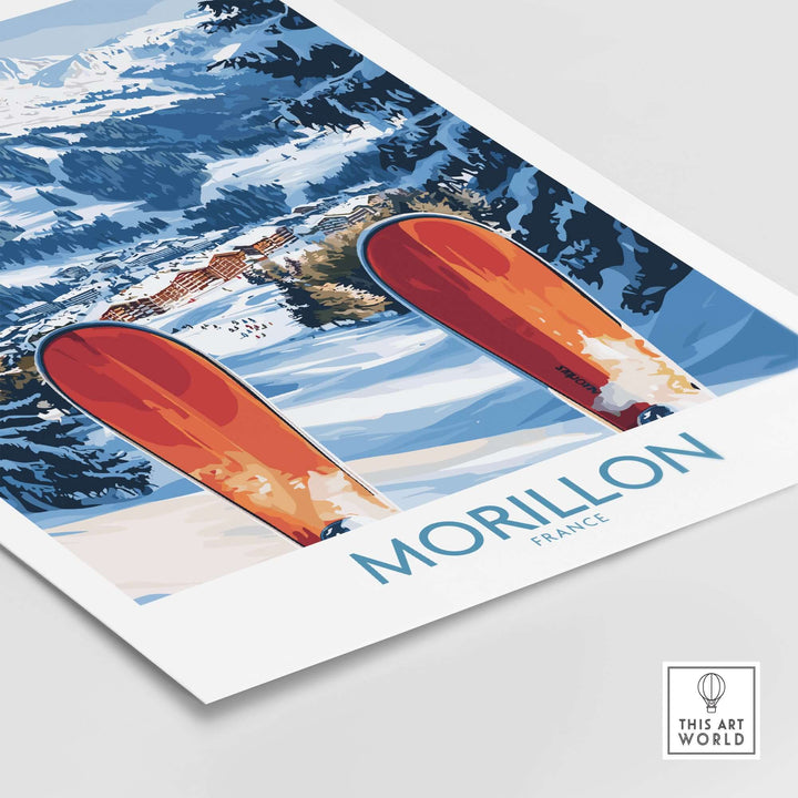 Ski poster of Morillon, France showcasing vibrant red skis against snowy slopes and mountains.