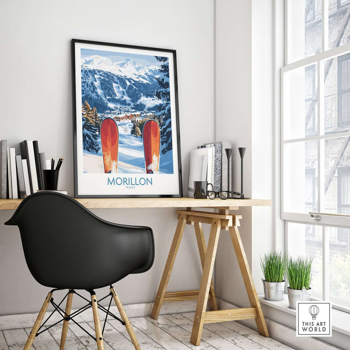 Ski poster of Morillon, France, showcasing snow-covered slopes, ideal for winter sports enthusiasts.