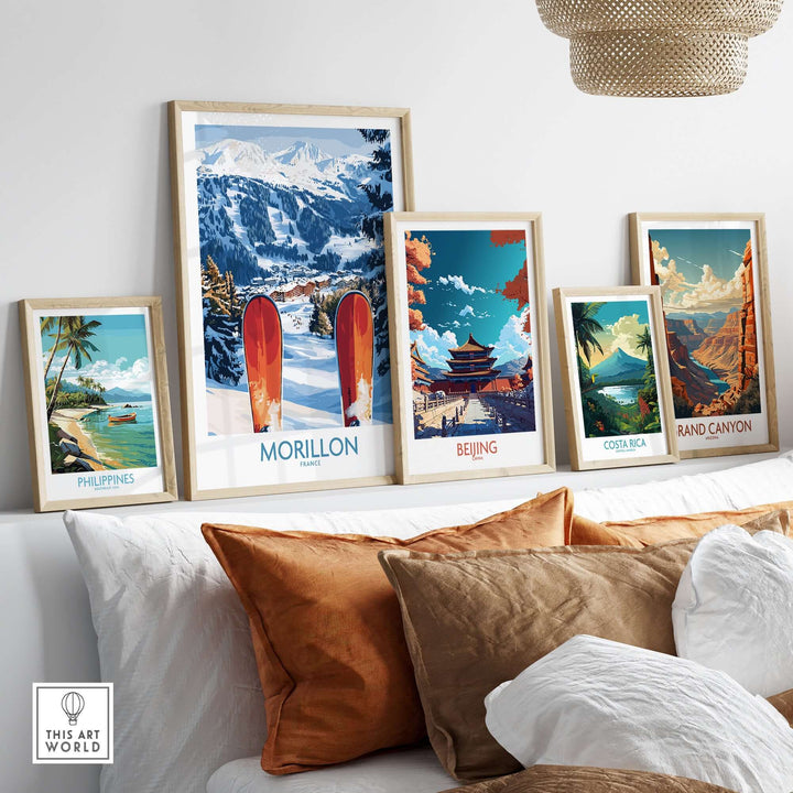 Ski poster of Morillon, France, displayed with other travel-themed art in a cozy home setting.