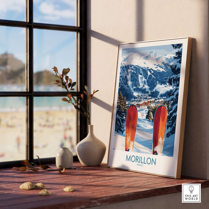 Ski poster of Morillon, France featuring snow-covered slopes and skis, perfect for winter sports lovers.