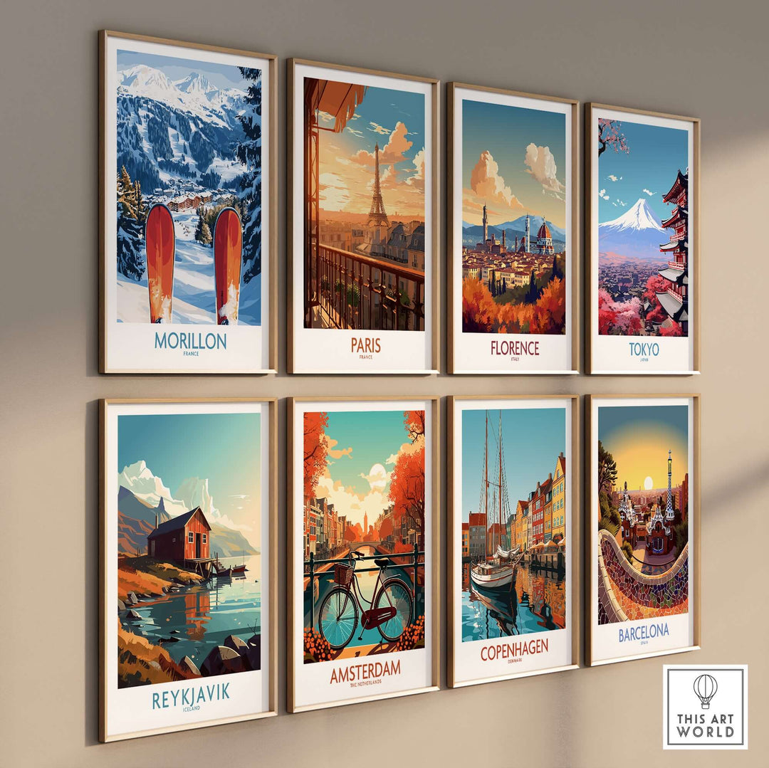 Gallery of vibrant travel posters featuring destinations: Morillon, Paris, Florence, Tokyo, Reykjavik, Amsterdam, Copenhagen, Barcelona.