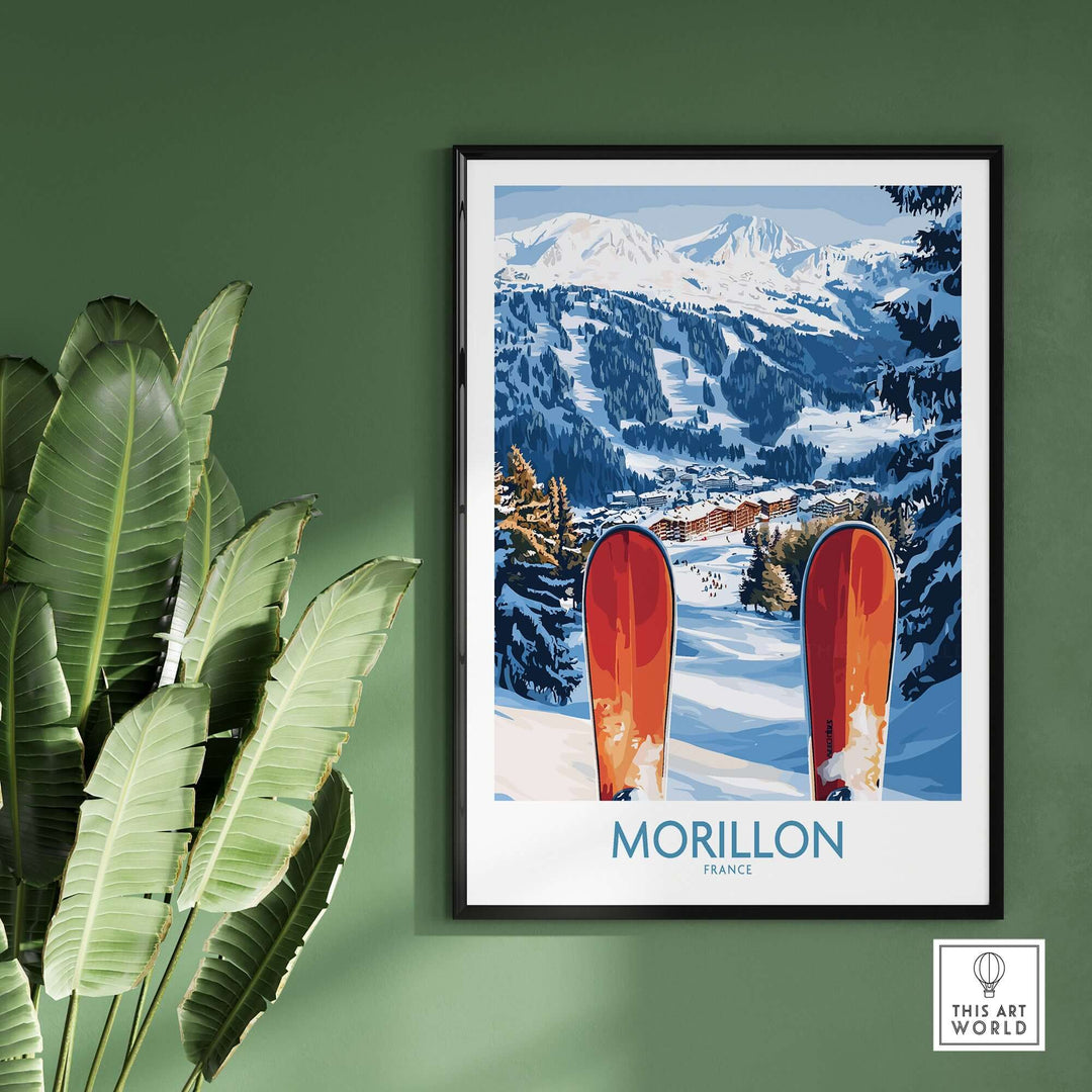 Ski poster of Morillon, France showcasing snow-covered slopes and vibrant orange skis against a green wall.