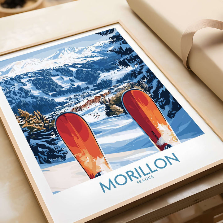 Ski poster of Morillon, France showing snow-covered slopes and skis, perfect for winter sports enthusiasts.