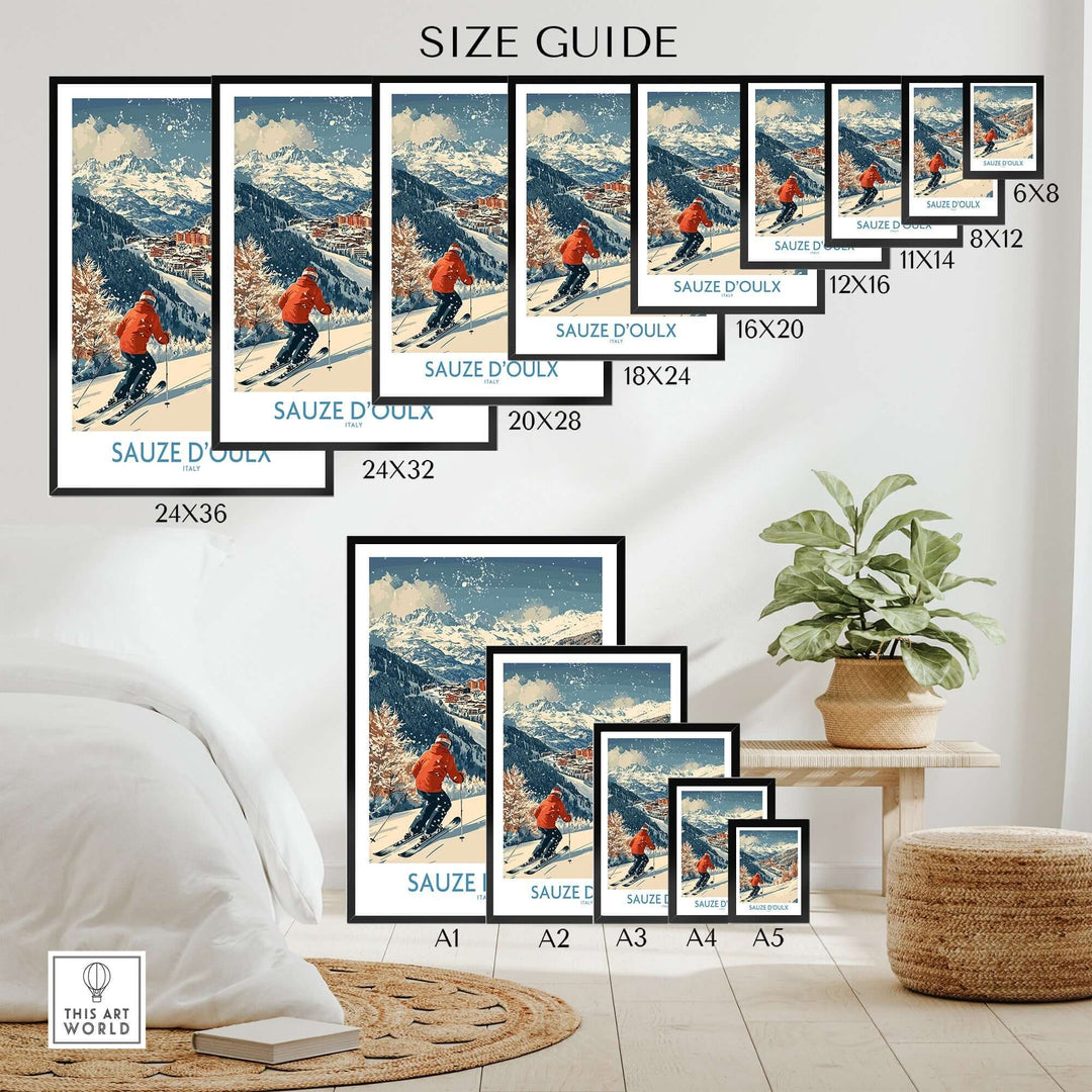 Ski poster size guide featuring Sauze d'Oulx, Italy, displayed in various dimensions in a stylish room setting.