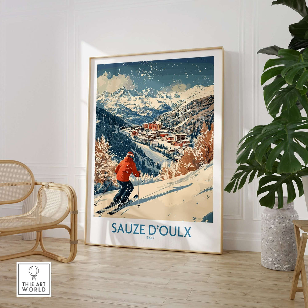 Ski poster of Sauze d'Oulx, Italy, showcasing a skier on snowy slopes and beautiful mountain scenery. Perfect for ski enthusiasts.