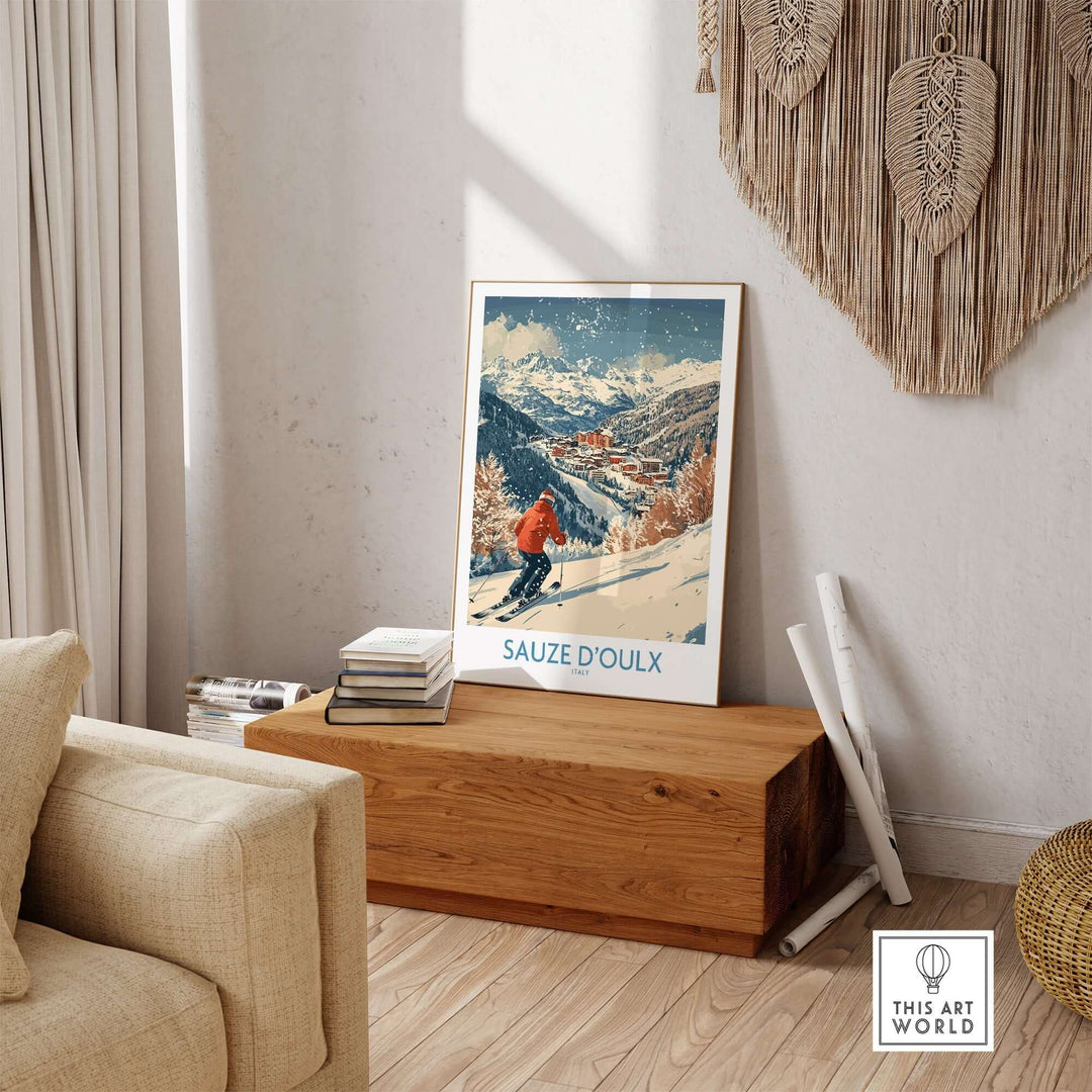 Ski poster of Sauze d'Oulx, Italy, displayed in a cozy living space, showcasing snowy slopes and mountain scenery.