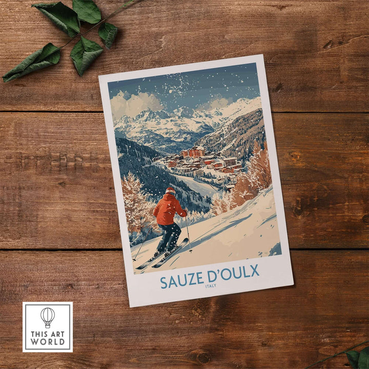 Ski poster of Sauze d'Oulx, Italy featuring a skier on snowy slopes with mountain scenery in the background.