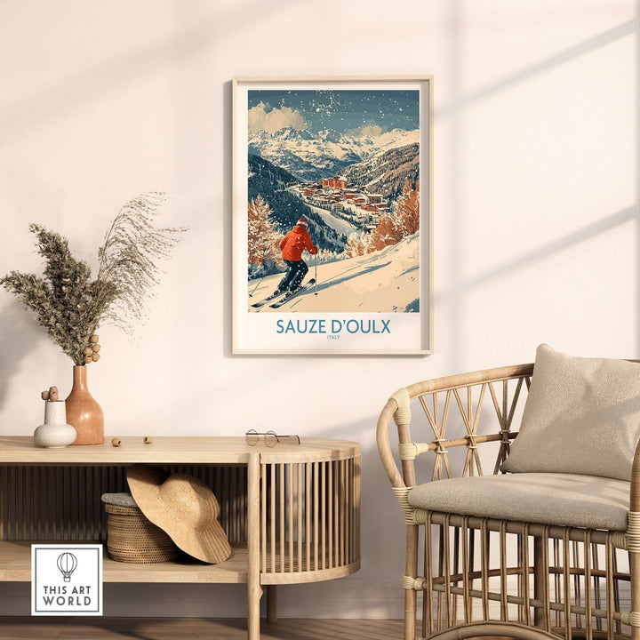 Ski poster of Sauze d'Oulx, Italy, showcasing snowy slopes and alpine scenery in a stylish living room setting.