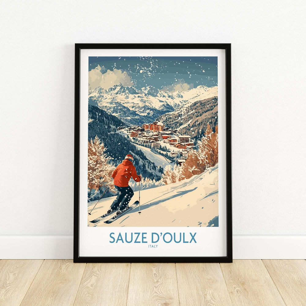 Ski poster featuring scenic Sauze d'Oulx, Italy, depicting a skier on snowy slopes and picturesque mountain views.