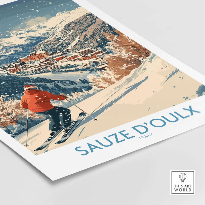 Ski poster featuring a skier in Sauze d'Oulx, Italy, capturing the thrill of winter sports and beautiful snowy landscapes.