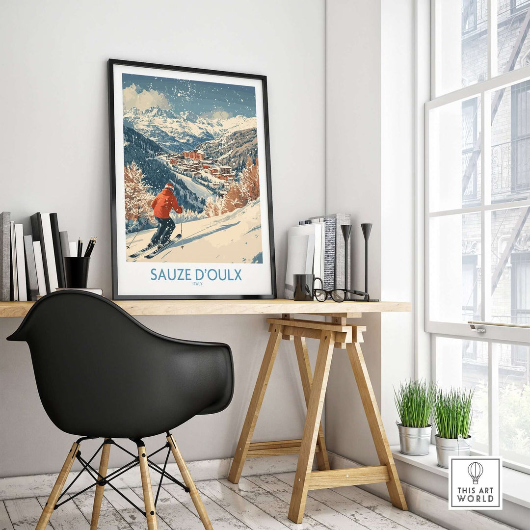 Ski poster of Sauze d'Oulx, Italy displayed in a modern interior, inspiring winter adventure and décor.