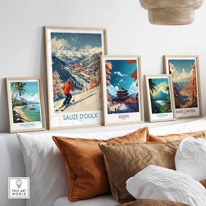 Framed ski poster of Sauze d'Oulx, Italy, with travel art featuring diverse landscapes on a cozy wall display.