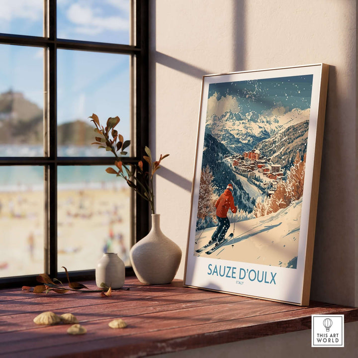 Ski poster of Sauze d'Oulx, Italy, displayed by a window, showcasing snowy slopes and a vibrant design.