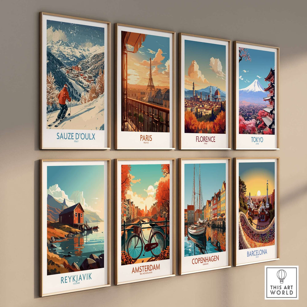 Colorful framed travel posters featuring ski scene in Sauze d'Oulx and iconic landmarks from Paris, Florence, Tokyo, and more.