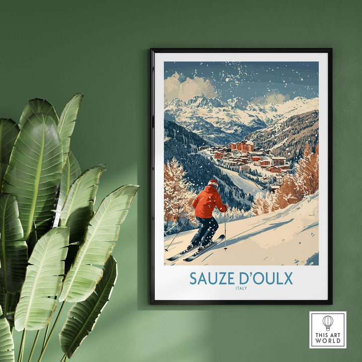 Ski poster of Sauze d'Oulx, Italy featuring a skier on snowy slopes with a picturesque mountain backdrop.