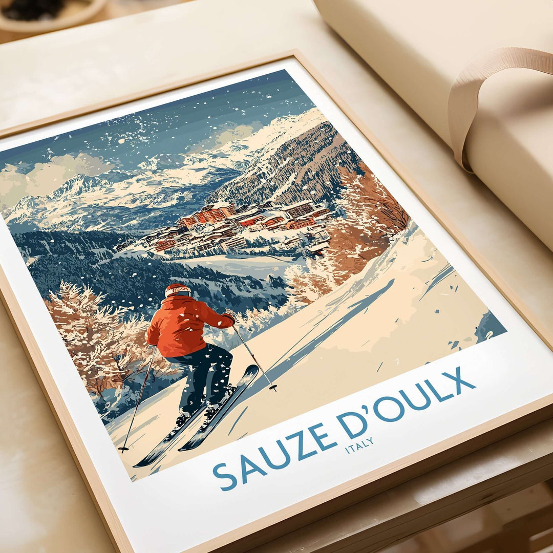 Vibrant ski poster of Sauze d'Oulx, Italy, featuring a skier on snowy slopes with mountains in the background. Perfect for ski enthusiasts.