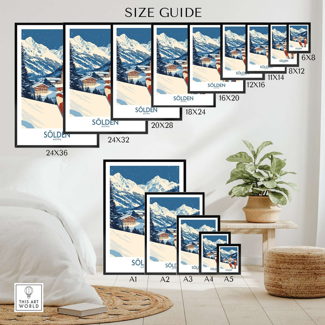 Size guide for Ski Poster Sölden Austria displaying various print sizes in a cozy interior setting.