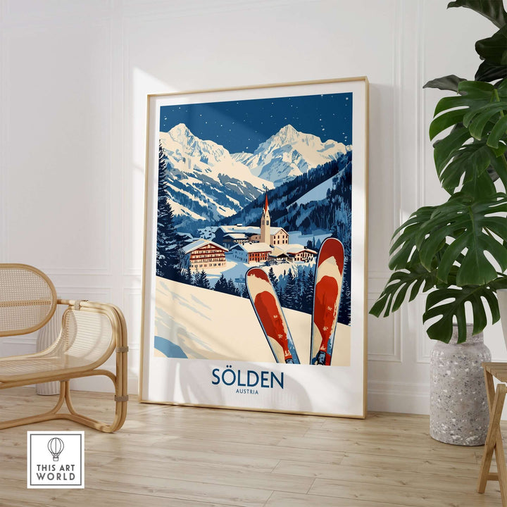 Ski poster featuring Sölden, Austria, showcasing snowy mountains and vibrant colors, perfect for ski enthusiasts.