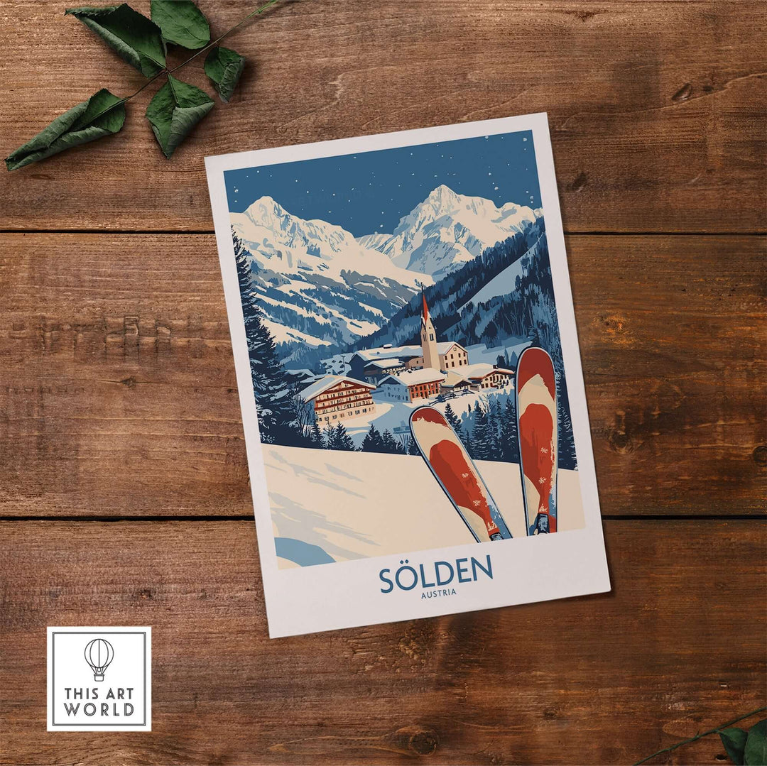 Ski poster of Sölden, Austria featuring vibrant colors and snowy mountain scenery, perfect for ski enthusiasts.