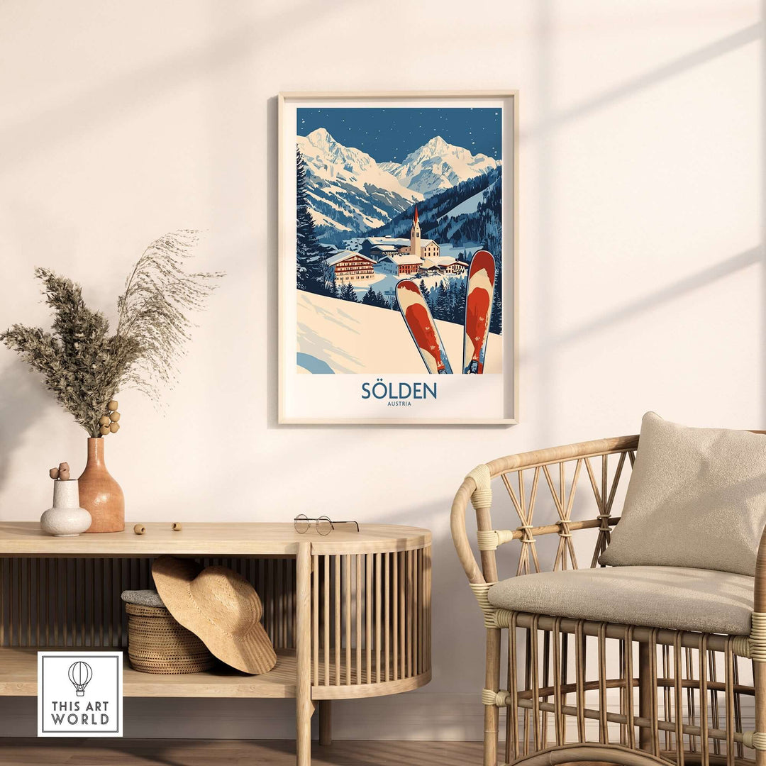 Ski poster of Sölden, Austria, featuring vibrant colors, snowy mountains, and skis, ideal for ski enthusiasts.