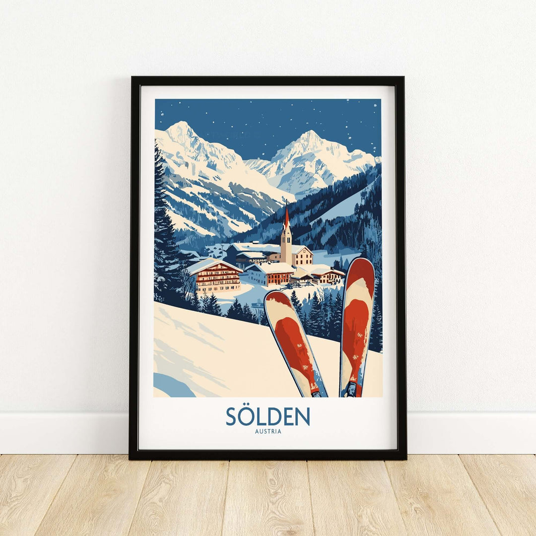 Ski poster of Sölden, Austria featuring vibrant colors and snowy mountains, perfect for ski enthusiasts.