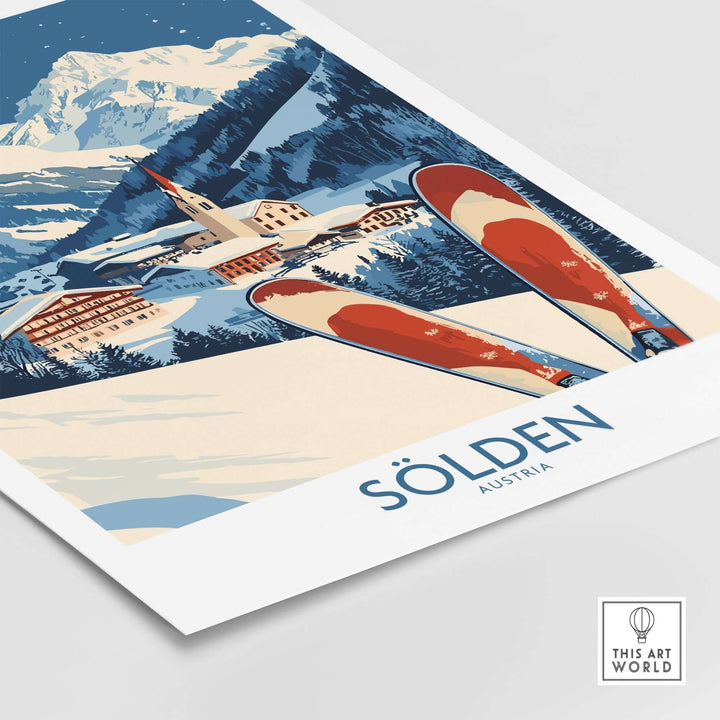 Ski poster of Sölden, Austria showcasing vibrant colors and snowy mountains, perfect for ski enthusiasts.