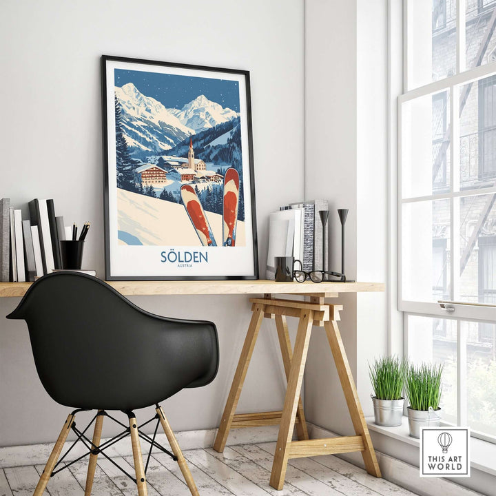 Ski poster of Sölden, Austria, displayed in a modern workspace with vibrant colors and mountain backdrop.