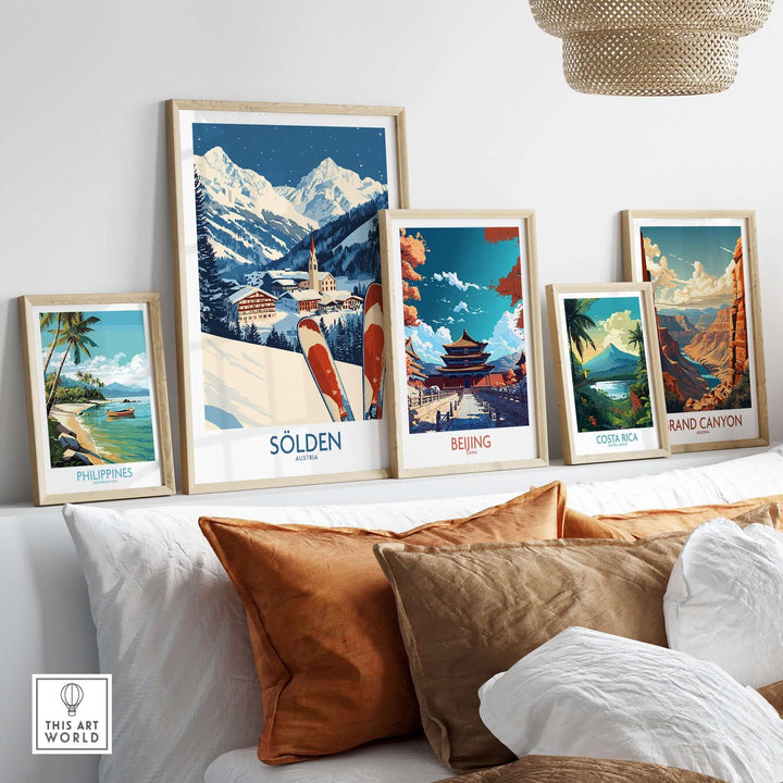 Vibrant collection of framed travel posters including Sölden Austria, showcasing skiing and scenic landscapes for home decor.