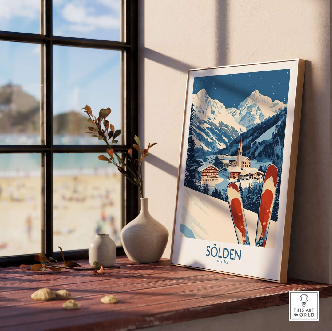 Ski poster of Sölden, Austria, displayed on a wooden table near a sunny window, showcasing vibrant mountain scenery.