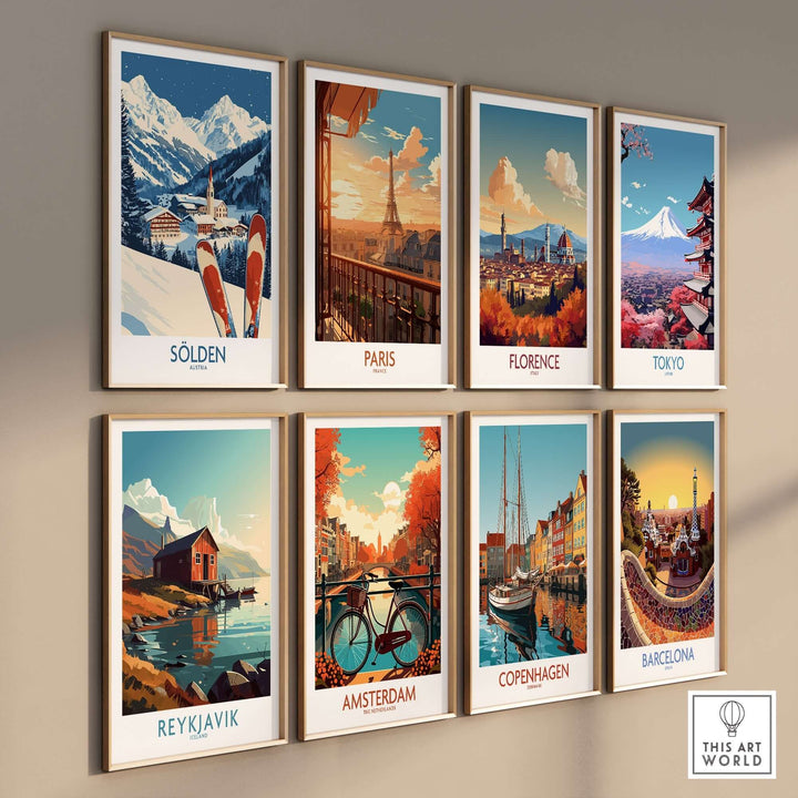 Colorful ski and city travel posters, including Sölden, Paris, Florence, Tokyo, Reykjavik, Amsterdam, Copenhagen, and Barcelona.