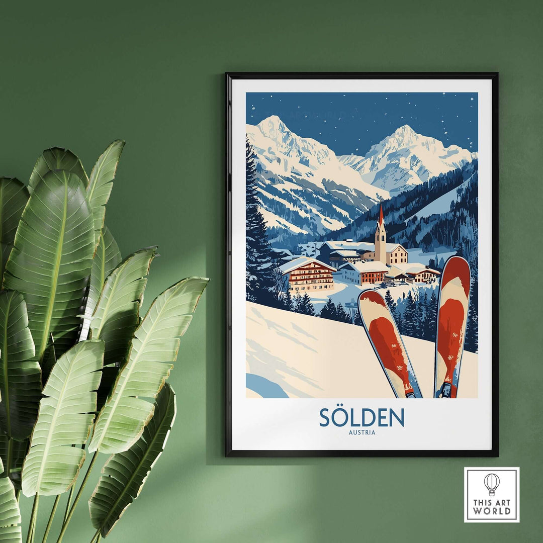 Ski poster of Sölden, Austria, featuring vibrant colors and snow-covered mountains, perfect for ski enthusiasts.