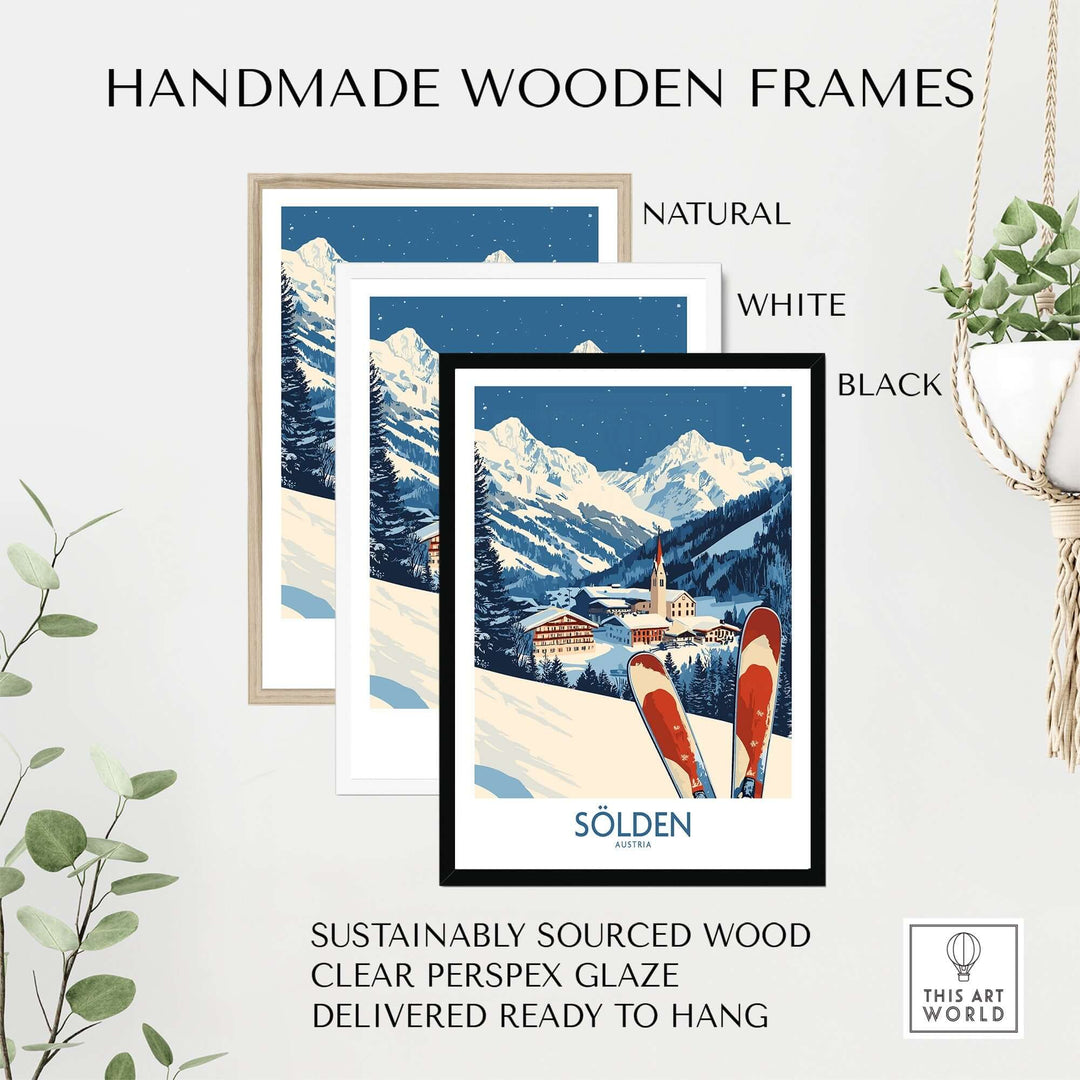 Handmade wooden frames in natural, white, and black showcasing a ski poster of Sölden, Austria, ready to hang.