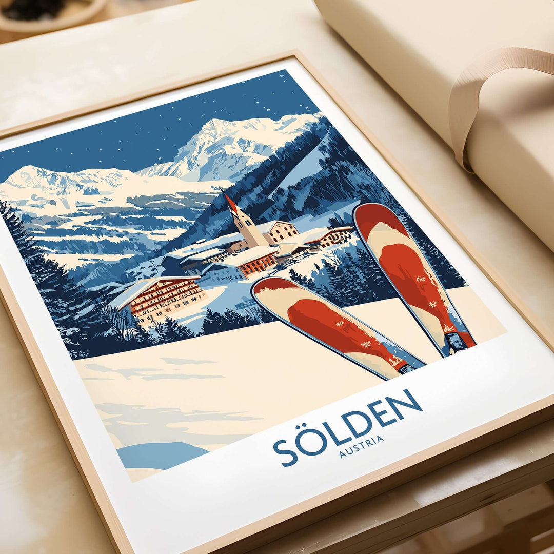 Vibrant ski poster of Sölden, Austria, featuring snowy mountains and vintage skis, perfect for ski enthusiasts.