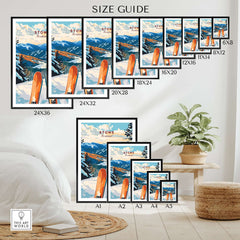 Size guide for Ski Poster Stowe Vermont showcasing various frame dimensions on a stylish wall display.