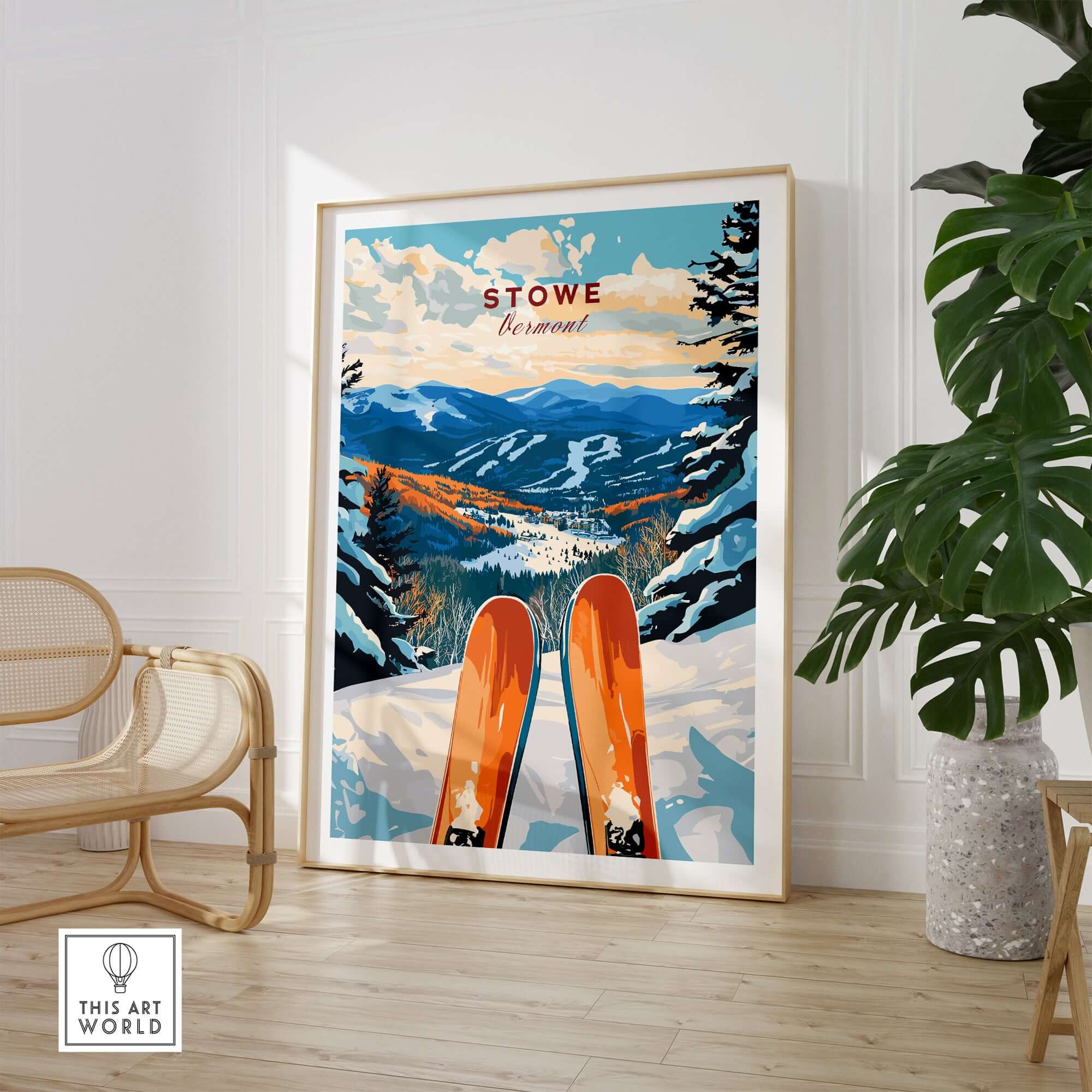 Vibrant Ski Poster of Stowe, Vermont showcasing skis and scenic mountains, perfect for skiing wall decor.
