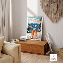 Stunning Ski Poster of Stowe, Vermont, showcasing vibrant scenery and ski gear, perfect for home decor.