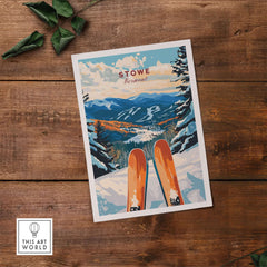 Stowe Vermont ski poster featuring orange skis on snowy slopes with mountains in the background, perfect for ski enthusiasts.