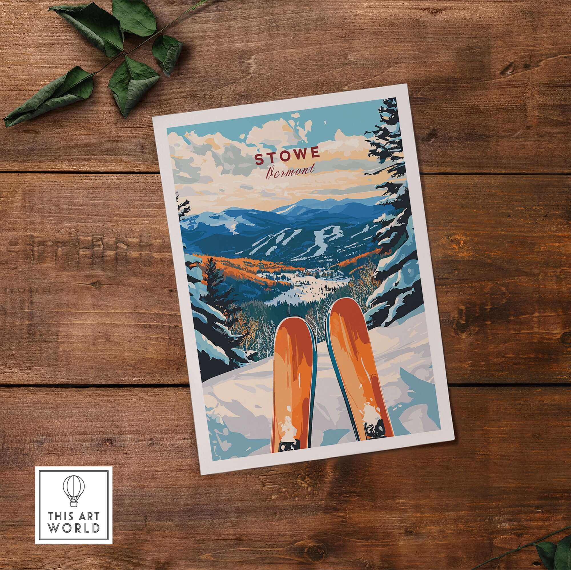 Stowe Vermont ski poster featuring orange skis on snowy slopes with mountains in the background, perfect for ski enthusiasts.