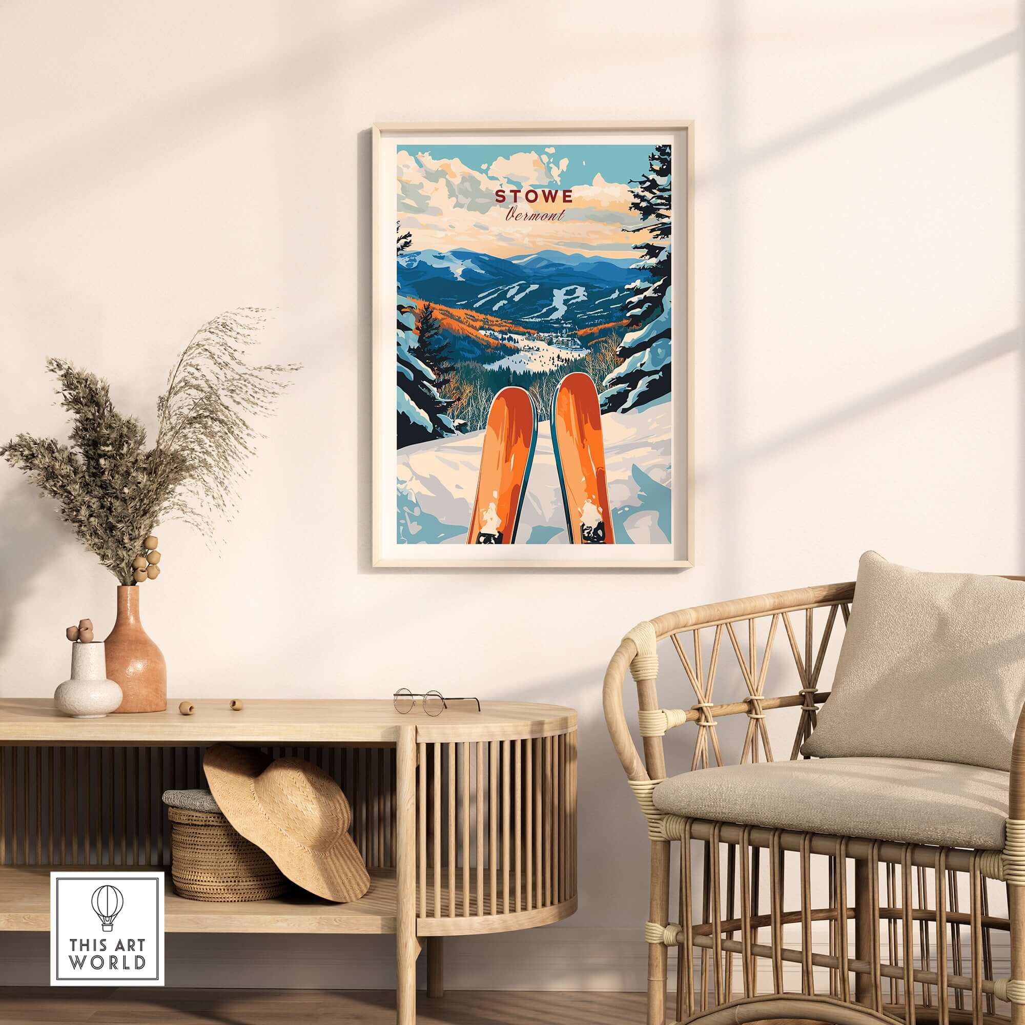 Stowe Vermont ski poster showcasing vibrant slopes and skis, perfect for home decor and ski enthusiasts.