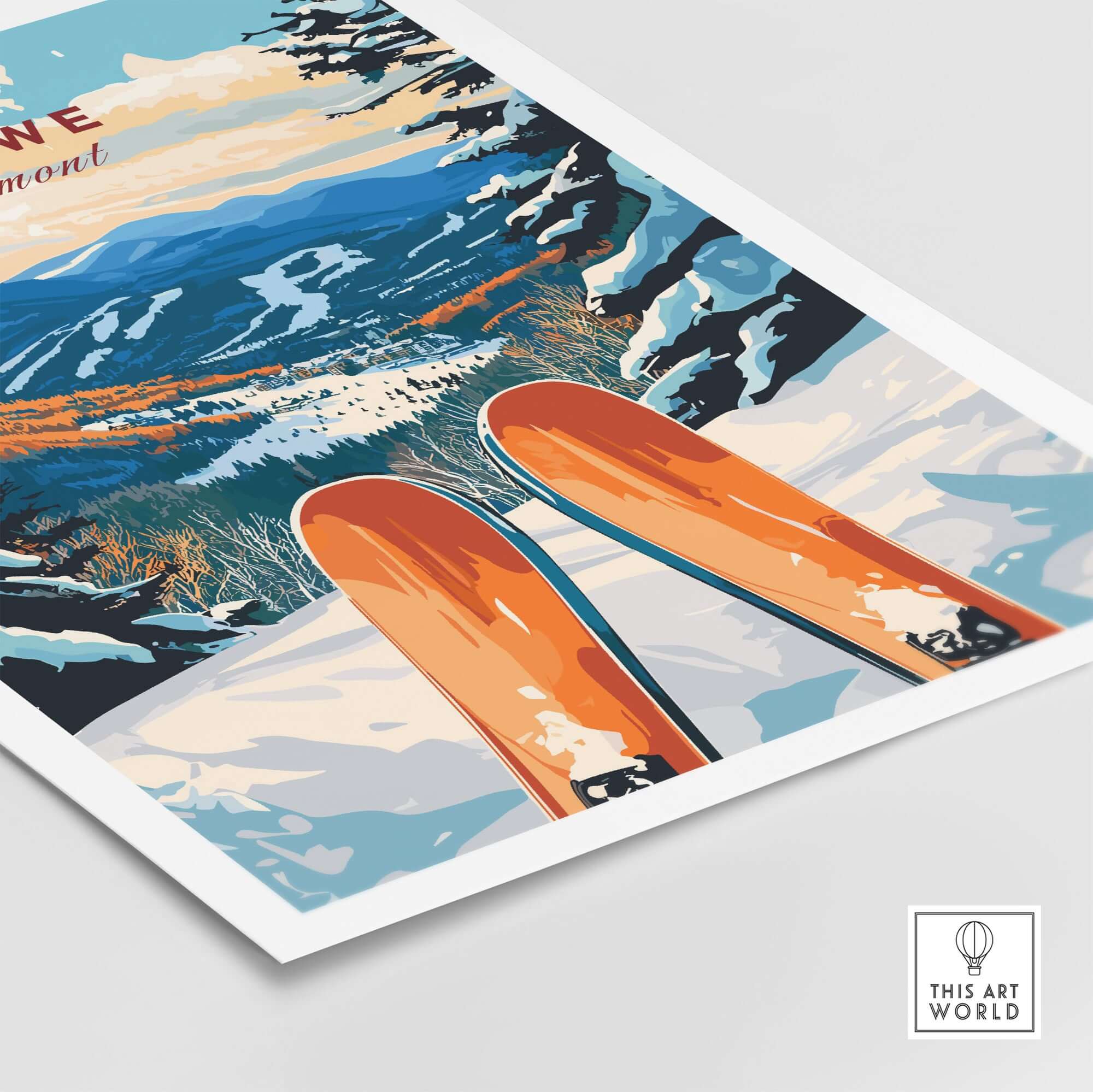 Ski poster of Stowe, Vermont featuring vibrant mountains and skis, perfect for skiing enthusiasts and wall decor.