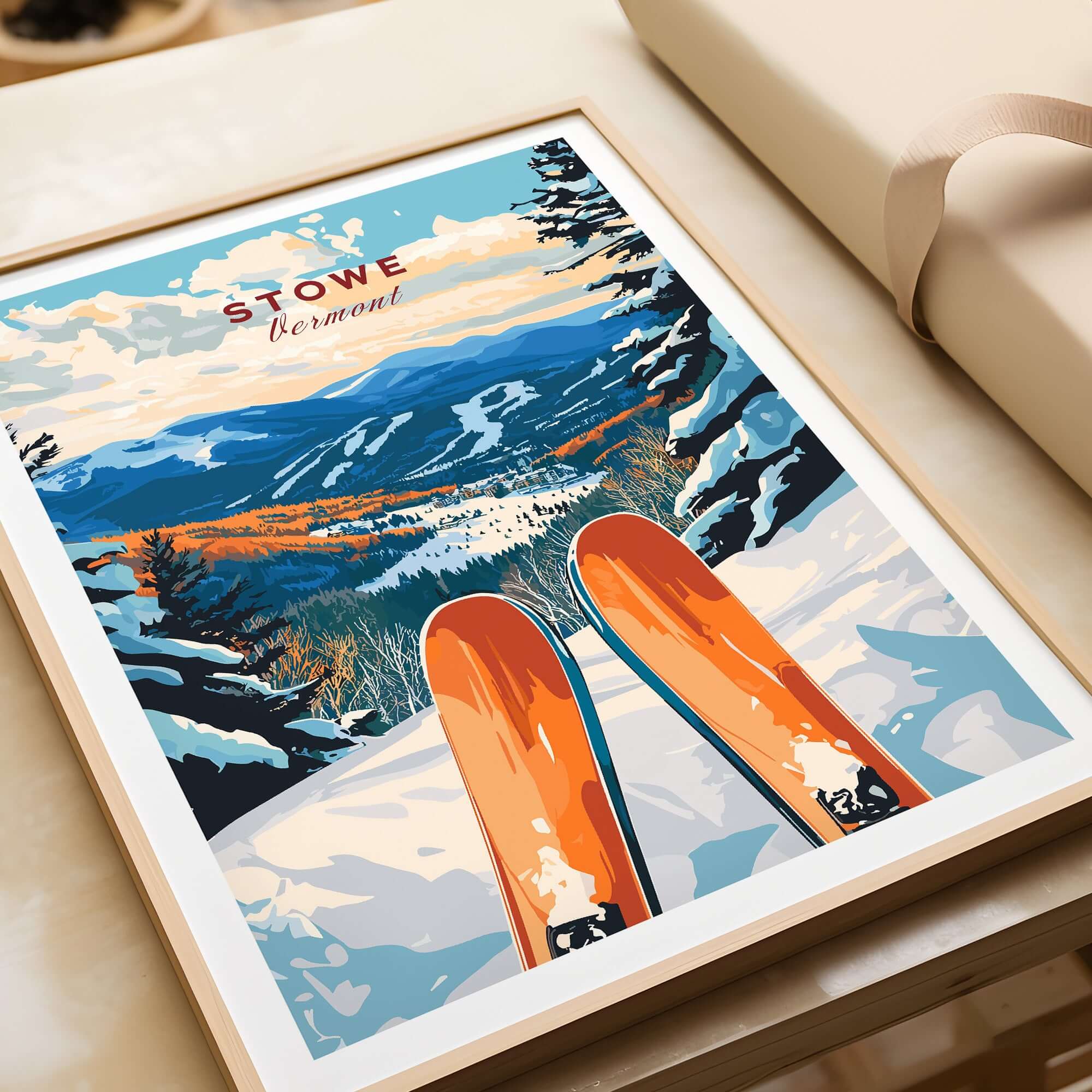 Ski poster featuring Stowe, Vermont, with skis in the foreground and scenic mountain view in the background.
