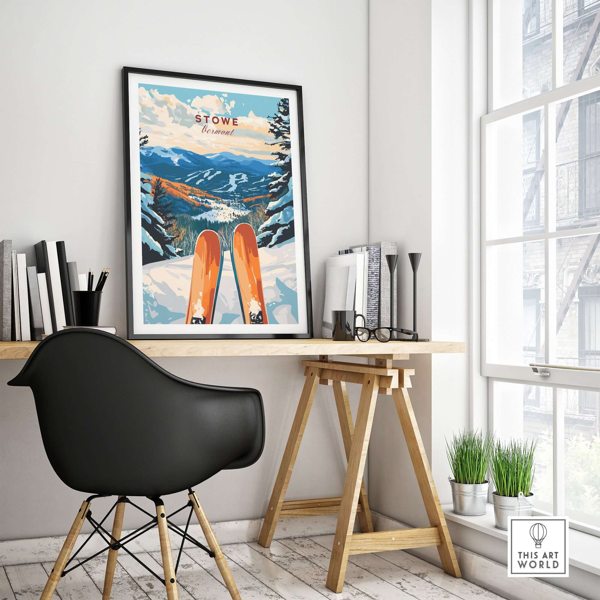 Ski poster of Stowe, Vermont displayed in a stylish home office with modern decor and natural light.