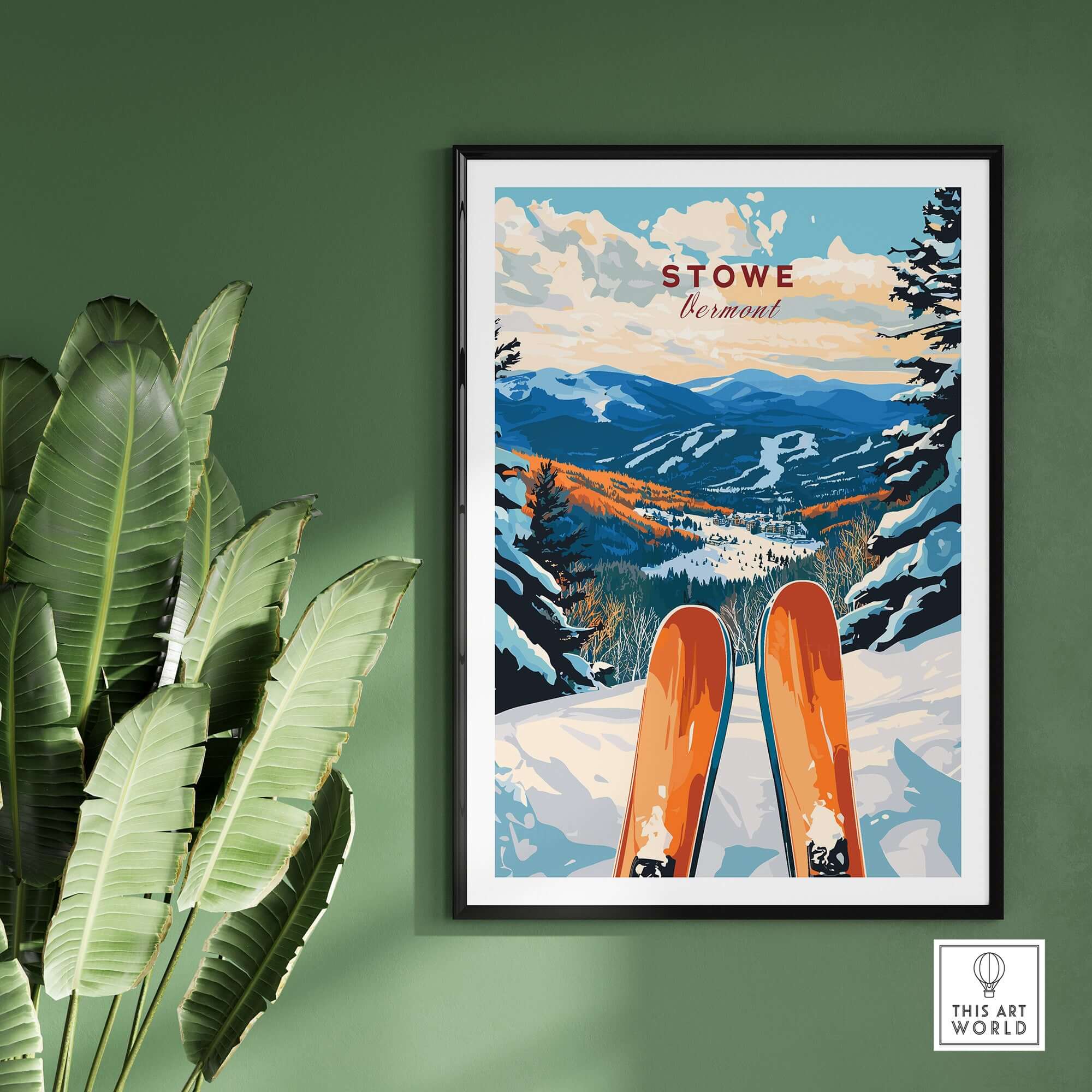Ski poster of Stowe, Vermont featuring snowy slopes and vibrant scenery, perfect for ski enthusiasts and wall decor.