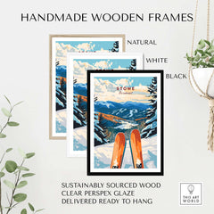 Handmade wooden frames for Stowe, Vermont ski poster in natural, white, and black, featuring sustainably sourced wood.