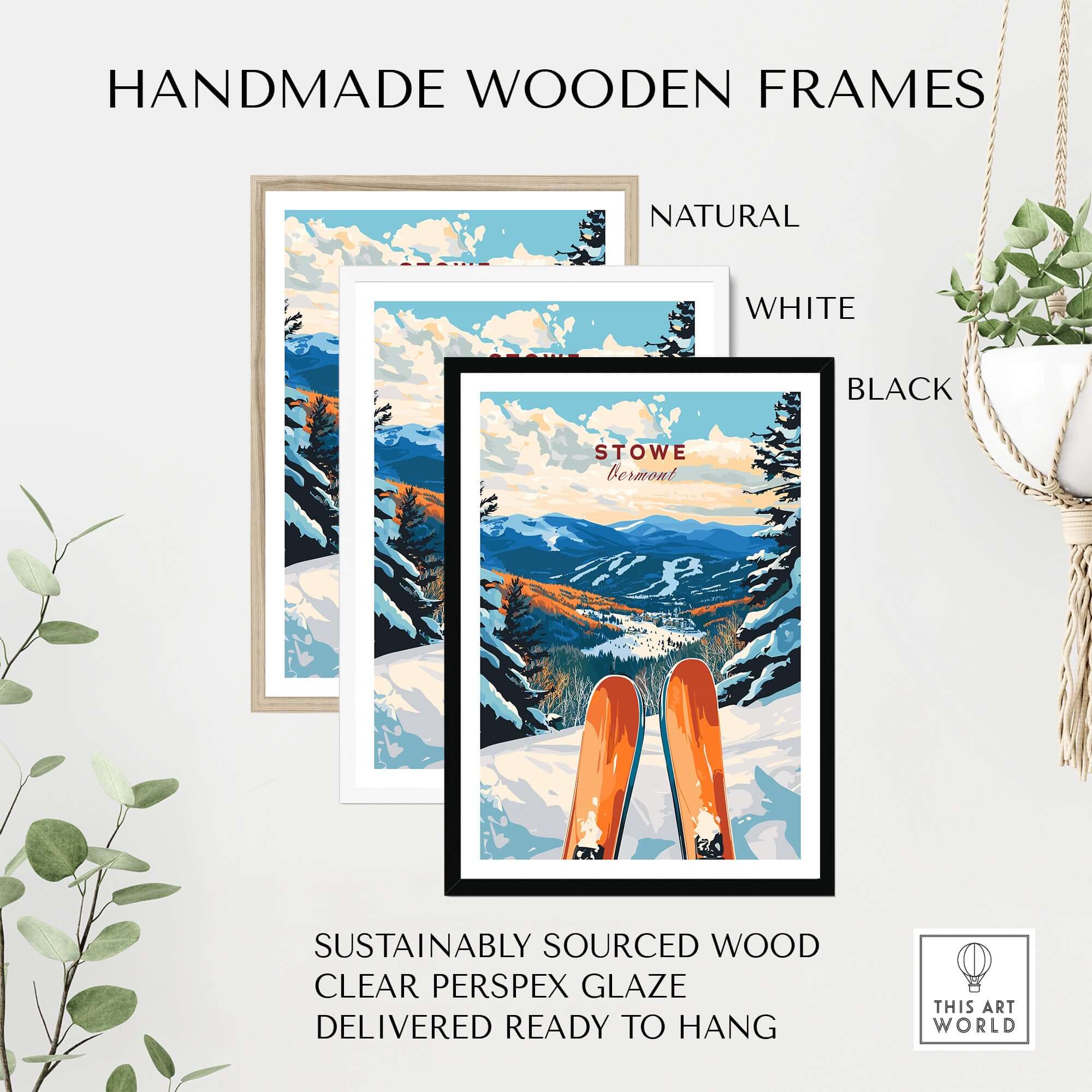 Handmade wooden frames for Stowe, Vermont ski poster in natural, white, and black, featuring sustainably sourced wood.