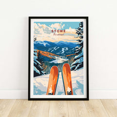 Stowe Vermont ski poster featuring orange skis and scenic mountain view, ideal for ski enthusiasts and wall decor.