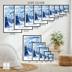 Ski Poster Val Thorens | Ski Trip Memories Wall Art size guide showcasing various frame dimensions.