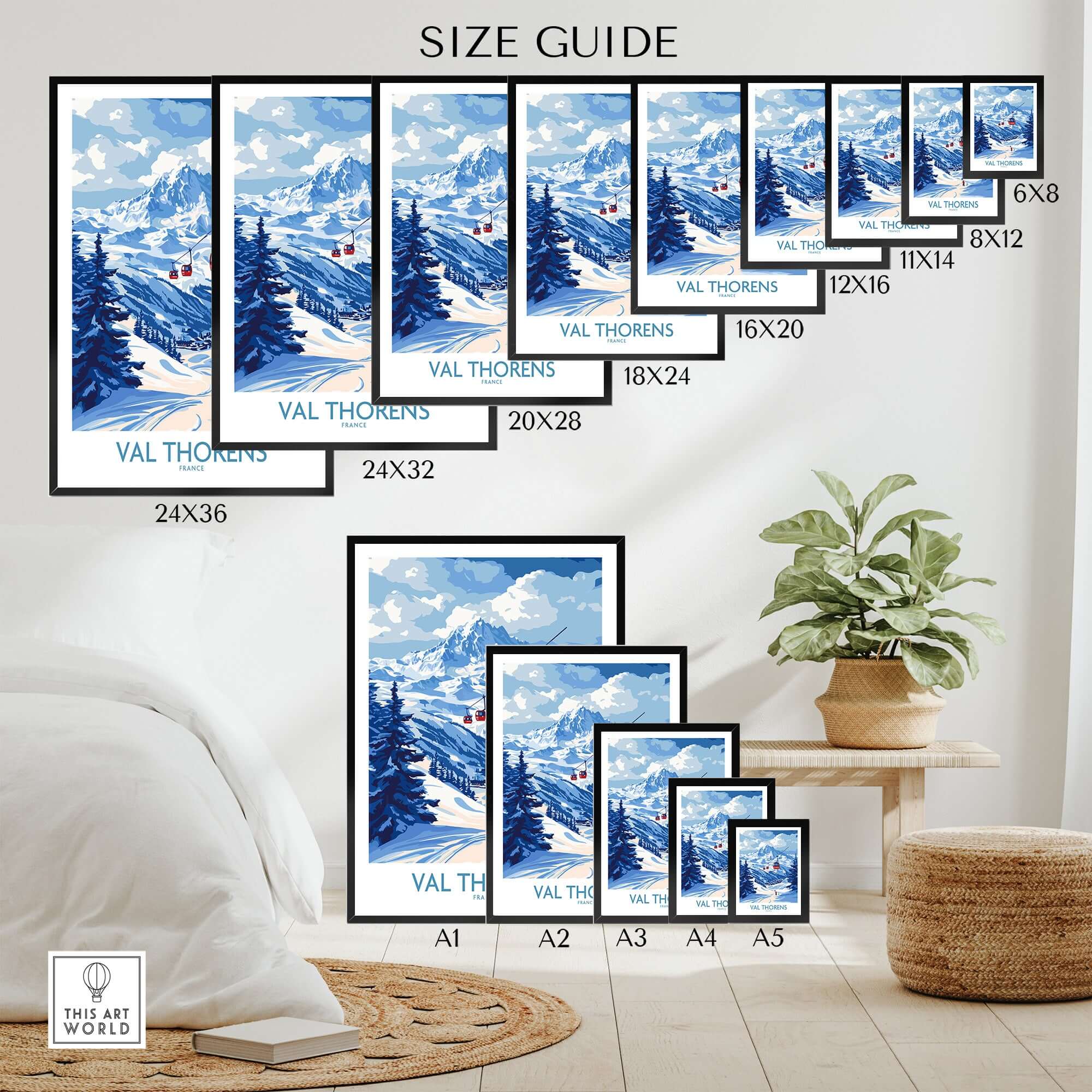 Ski Poster Val Thorens | Ski Trip Memories Wall Art size guide showcasing various frame dimensions.