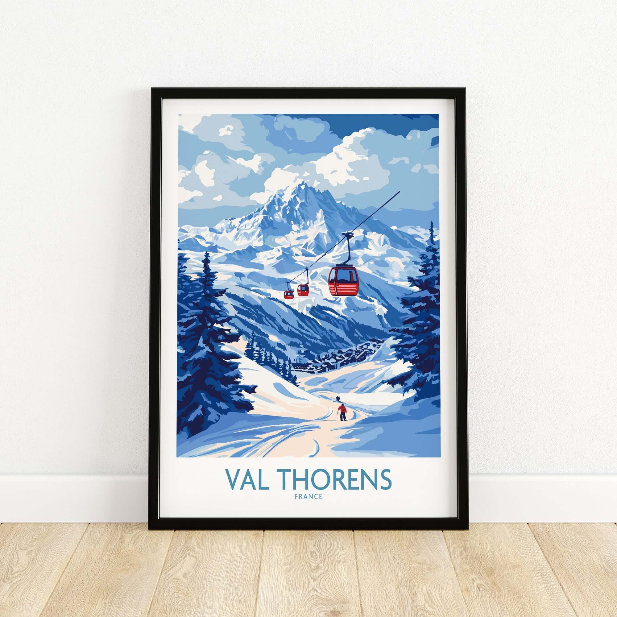 Ski Poster Val Thorens | Ski Trip Memories Wall Art featuring a scenic view of ski lifts and mountains